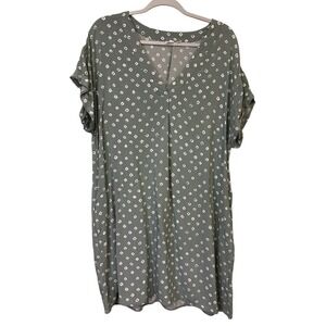 GAP Women's XL Green White Print Short Sleeve V Neck Casual Dress